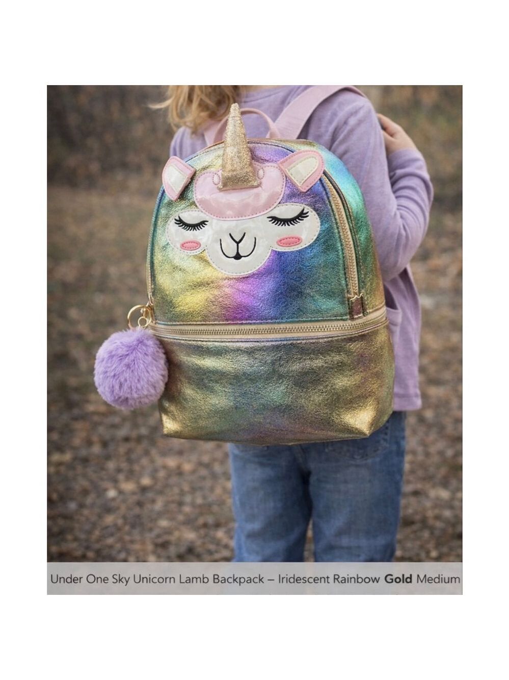 Under One Sky Unicorn Lamb Backpack Iridescent Rainbow Gold Medium Bag Pom Charm